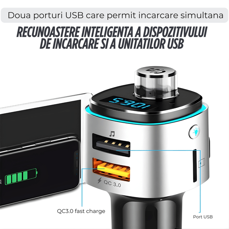 Auto si Moto - Electronice auto - Accesorii electronice auto - Modulator FM cu Bluetooth pentru redare muzica si handsfree, 2 porturi USB-A, slot microSD, compatibil Android si iOS - Infinity.ro