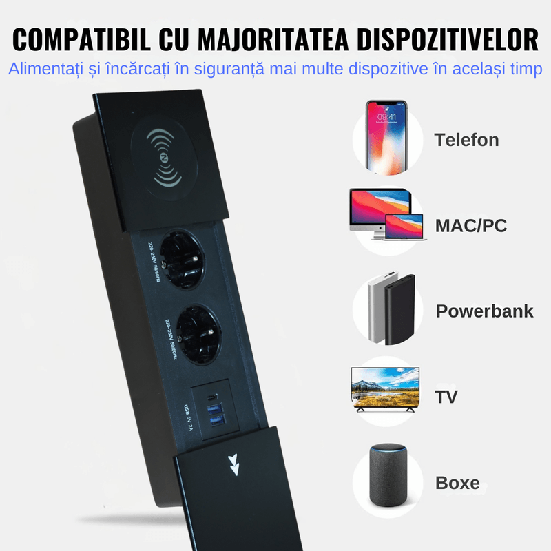 Casa si Gradina - Electrice - Prize - Priza incorporabila in blat ATOMKIT®, 2 Prize Schuko, 2 Porturi USB-A + 1 USB-C, Incarcare Wireless, Capac Glisant - Infinity.ro