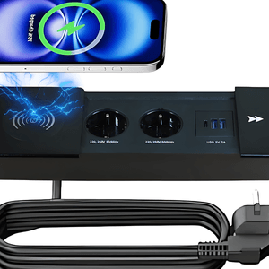 Priza incorporabila in blat ATOMKIT®, 2 Prize Schuko, 2 Porturi USB-A + 1 USB-C, Incarcare Wireless, Capac Glisant