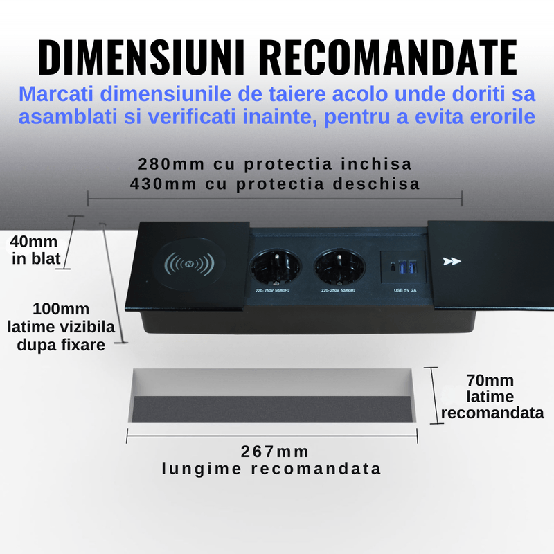 Casa si Gradina - Electrice - Prize - Priza incorporabila in blat ATOMKIT®, 2 Prize Schuko, 2 Porturi USB-A + 1 USB-C, Incarcare Wireless, Capac Glisant - Infinity.ro