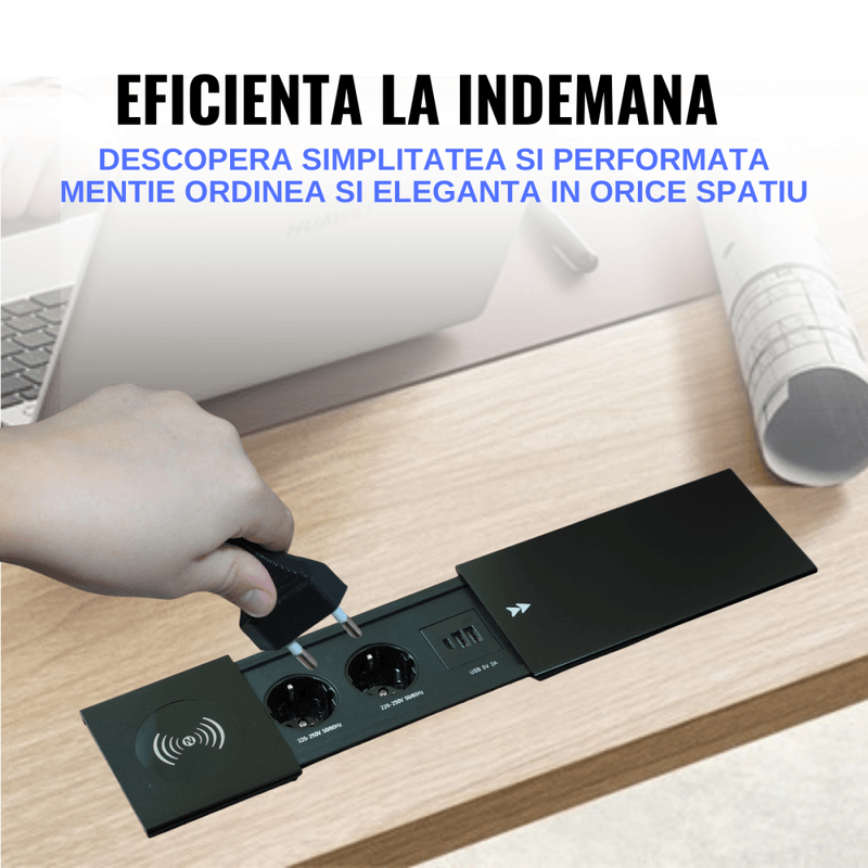 Casa si Gradina - Electrice - Prize - Priza incorporabila in blat ATOMKIT®, 2 Prize Schuko, 2 Porturi USB-A + 1 USB-C, Incarcare Wireless, Capac Glisant - Infinity.ro