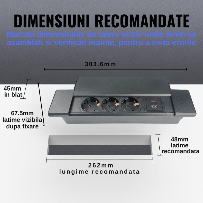 Casa si Gradina - Electrice - Prize - Priza incorporabila in blat ATOMKIT®, Ideala pentru Birou, Bucatarie, Mobila, 3 prize Shucko, 1 Port USB-A si Port USB-C - Infinity.ro
