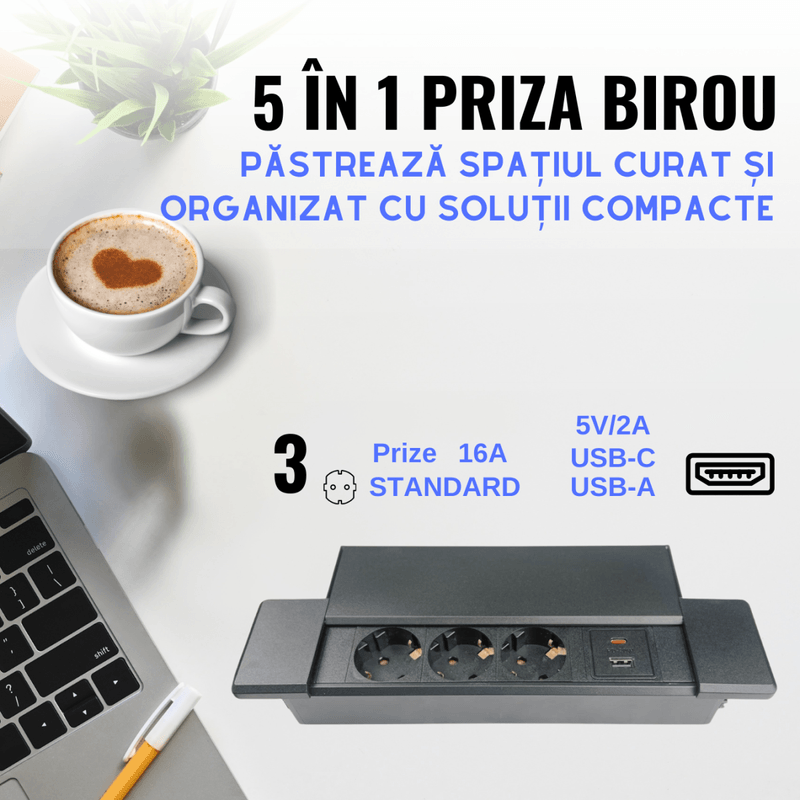 Casa si Gradina - Electrice - Prize - Priza incorporabila in blat ATOMKIT®, Ideala pentru Birou, Bucatarie, Mobila, 3 prize Shucko, 1 Port USB-A si Port USB-C - Infinity.ro