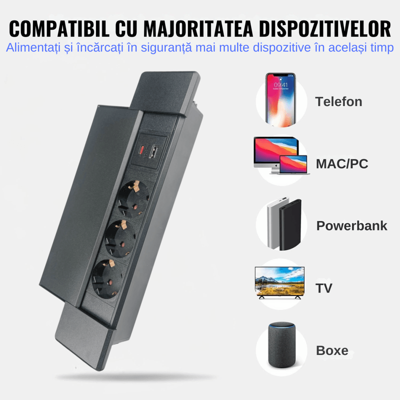 Casa si Gradina - Electrice - Prize - Priza incorporabila in blat ATOMKIT®, Ideala pentru Birou, Bucatarie, Mobila, 3 prize Shucko, 1 Port USB-A si Port USB-C - Infinity.ro