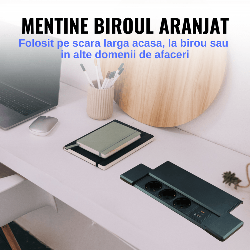 Casa si Gradina - Electrice - Prize - Priza incorporabila in blat ATOMKIT®, Ideala pentru Birou, Bucatarie, Mobila, 3 prize Shucko, 1 Port USB-A si Port USB-C - Infinity.ro