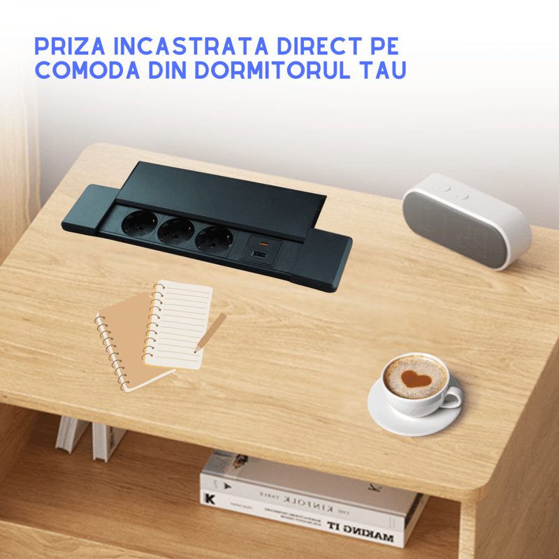 Casa si Gradina - Electrice - Prize - Priza incorporabila in blat ATOMKIT®, Ideala pentru Birou, Bucatarie, Mobila, 3 prize Shucko, 1 Port USB-A si Port USB-C - Infinity.ro