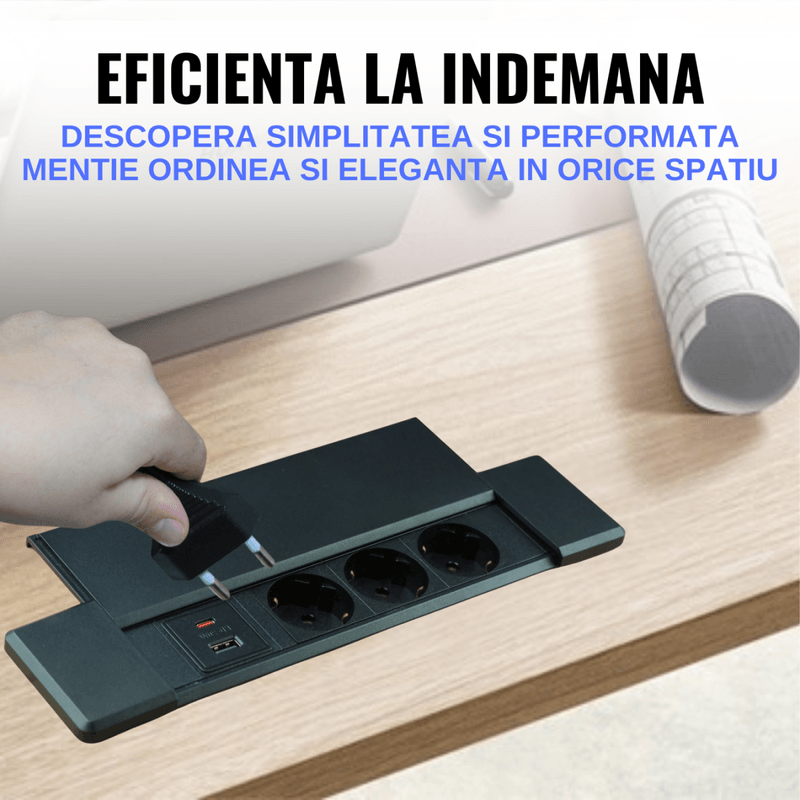 Casa si Gradina - Electrice - Prize - Priza incorporabila in blat ATOMKIT®, Ideala pentru Birou, Bucatarie, Mobila, 3 prize Shucko, 1 Port USB-A si Port USB-C - Infinity.ro