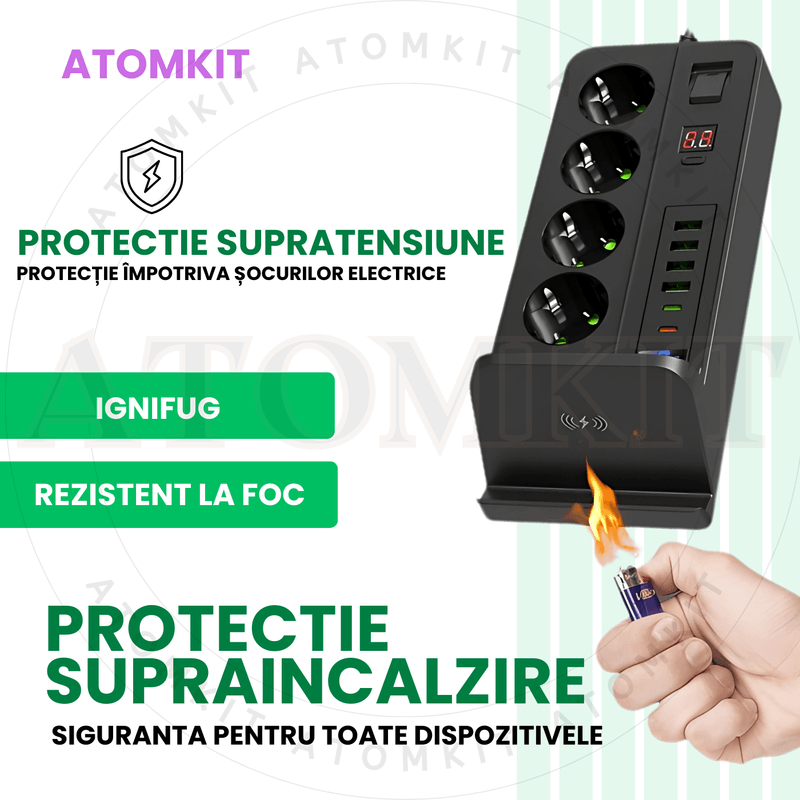 Casa si Gradina - Electrice - Accesorii electrice - Prelungitoare, triple, fise - Prelungitor ATOMKIT® cu incarcare WIFI, 3000W, 4 prize AC, 4x USB-A 3.4A, 2x USB-C 20W, incarcator wireless Qi, Negru - Infinity.ro