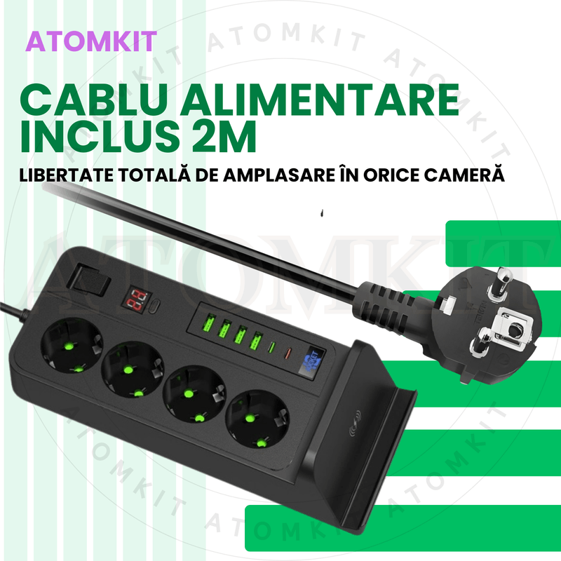 Casa si Gradina - Electrice - Accesorii electrice - Prelungitoare, triple, fise - Prelungitor ATOMKIT® cu incarcare WIFI, 3000W, 4 prize AC, 4x USB-A 3.4A, 2x USB-C 20W, incarcator wireless Qi, Negru - Infinity.ro