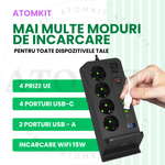 Casa si Gradina - Electrice - Accesorii electrice - Prelungitoare, triple, fise - Prelungitor ATOMKIT® cu incarcare WIFI, 3000W, 4 prize AC, 4x USB-A 3.4A, 2x USB-C 20W, incarcator wireless Qi, Negru - Infinity.ro