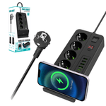 Casa si Gradina - Electrice - Accesorii electrice - Prelungitoare, triple, fise - Prelungitor ATOMKIT® cu incarcare WIFI, 3000W, 4 prize AC, 4x USB-A 3.4A, 2x USB-C 20W, incarcator wireless Qi, Negru - Infinity.ro