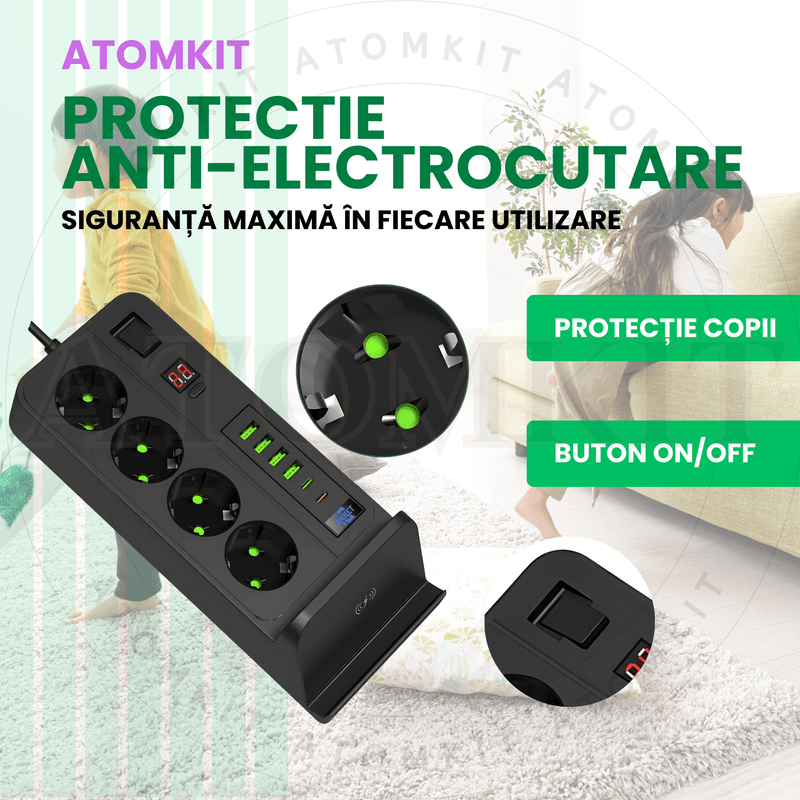 Casa si Gradina - Electrice - Accesorii electrice - Prelungitoare, triple, fise - Prelungitor ATOMKIT® cu incarcare WIFI, 3000W, 4 prize AC, 4x USB-A 3.4A, 2x USB-C 20W, incarcator wireless Qi, Negru - Infinity.ro