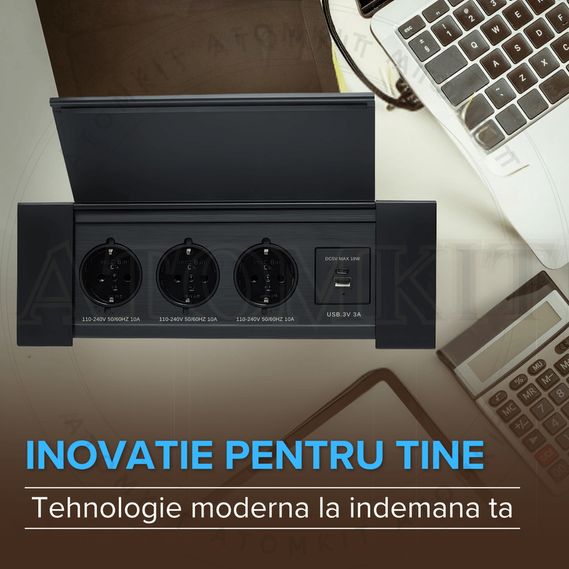 Casa si Gradina - Electrice - Prize - Priza incorporabila in blat, ATOMKIT, 3 prize standard, USB-C si USB-A, incarcare rapida 18W, Capac protectie, Negru - Infinity.ro