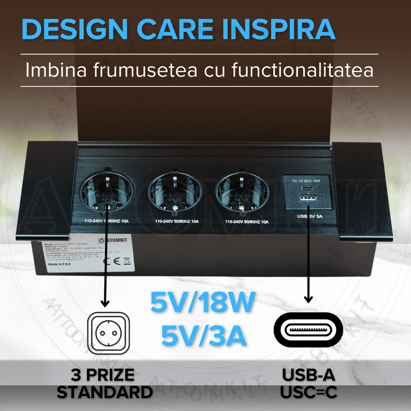 Casa si Gradina - Electrice - Prize - Priza incorporabila in blat, ATOMKIT, 3 prize standard, USB-C si USB-A, incarcare rapida 18W, Capac protectie, Negru - Infinity.ro
