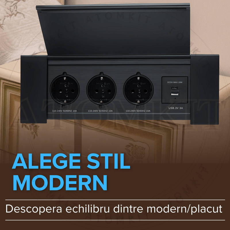 Casa si Gradina - Electrice - Prize - Priza incorporabila in blat, ATOMKIT, 3 prize standard, USB-C si USB-A, incarcare rapida 18W, Capac protectie, Negru - Infinity.ro