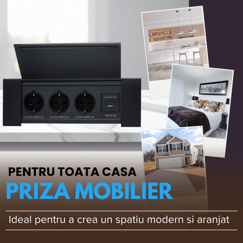 Casa si Gradina - Electrice - Prize - Priza incorporabila in blat, ATOMKIT, 3 prize standard, USB-C si USB-A, incarcare rapida 18W, Capac protectie, Negru - Infinity.ro