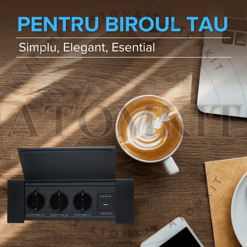 Casa si Gradina - Electrice - Prize - Priza incorporabila in blat, ATOMKIT, 3 prize standard, USB-C si USB-A, incarcare rapida 18W, Capac protectie, Negru - Infinity.ro