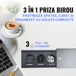 Casa si Gradina - Electrice - Prize - Priza incorporabila in blat ATOMKIT®, ideala pentru Blat Mobila, 3 prize Shucko, Cablu atasat, 16A, 240V-2400W, Negru - Infinity.ro