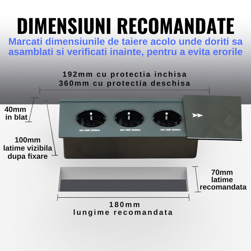 Casa si Gradina - Electrice - Prize - Priza incorporabila in blat ATOMKIT®, ideala pentru Blat Mobila, 3 prize Shucko, Cablu atasat, 16A, 240V-2400W, Negru - Infinity.ro