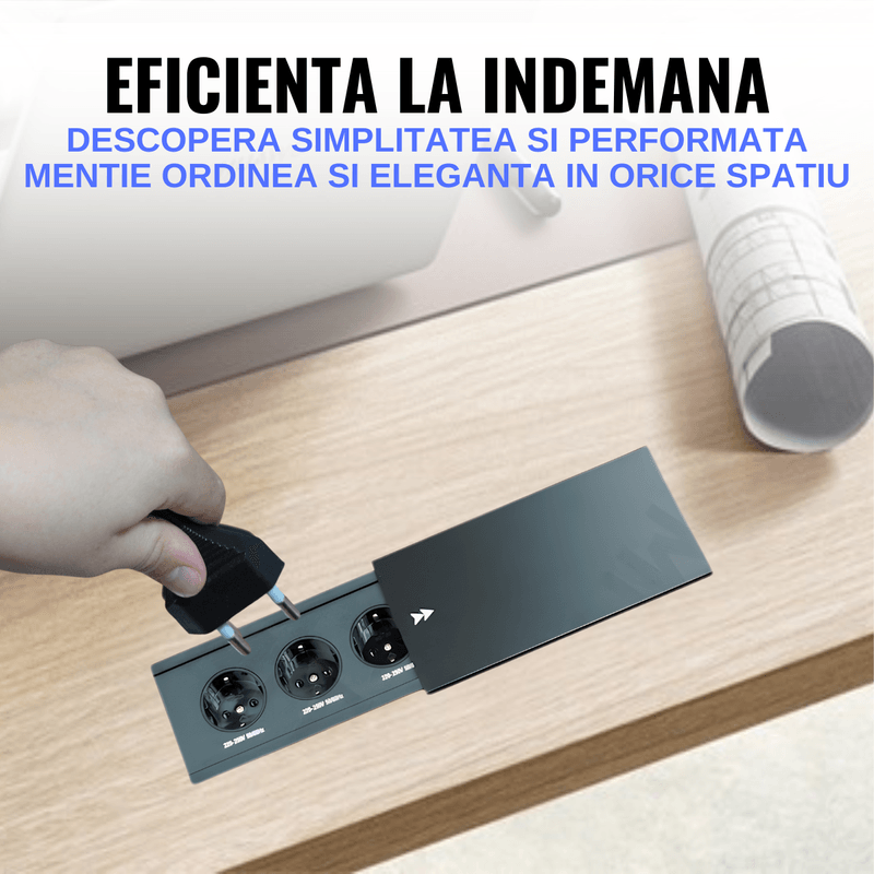 Casa si Gradina - Electrice - Prize - Priza incorporabila in blat ATOMKIT®, ideala pentru Blat Mobila, 3 prize Shucko, Cablu atasat, 16A, 240V-2400W, Negru - Infinity.ro