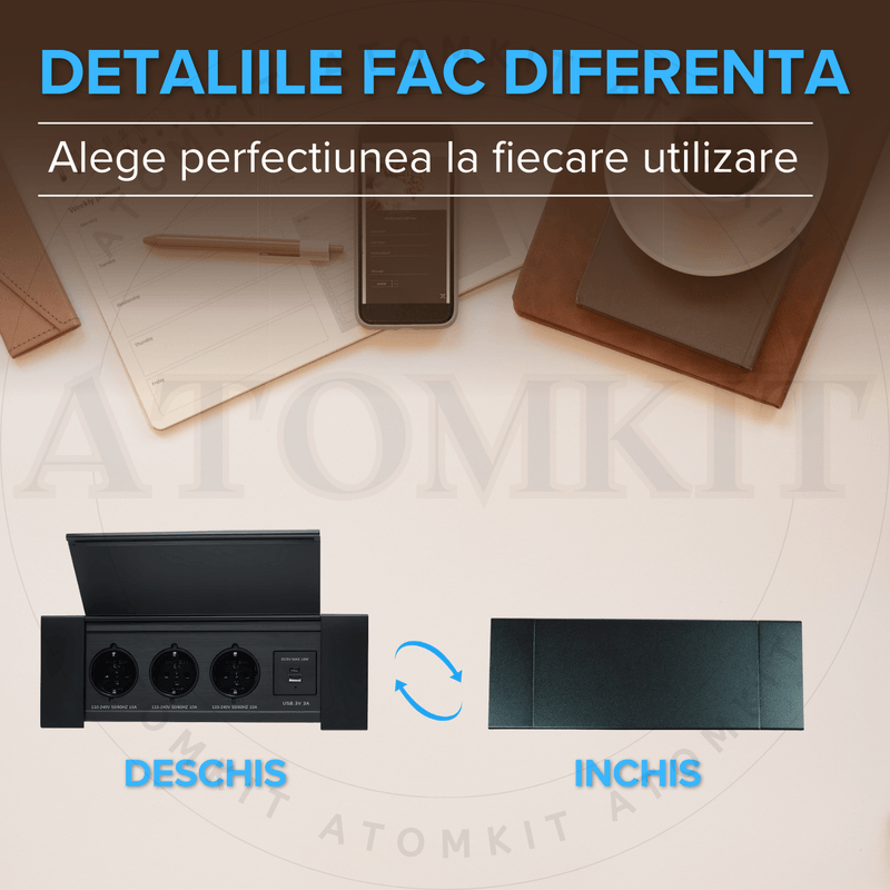 Casa si Gradina - Electrice - Prize - Priza incorporabila in blat, ATOMKIT, 3 prize standard, USB-C si USB-A, incarcare rapida 18W, Capac protectie, Negru - Infinity.ro