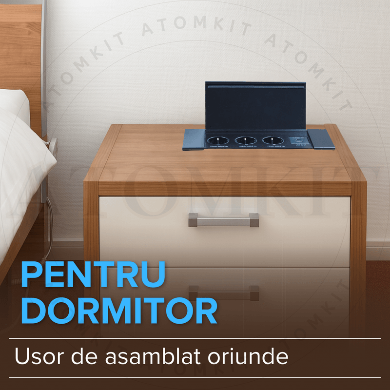 Casa si Gradina - Electrice - Prize - Priza incorporabila in blat, ATOMKIT, 3 prize standard, USB-C si USB-A, incarcare rapida 18W, Capac protectie, Negru - Infinity.ro