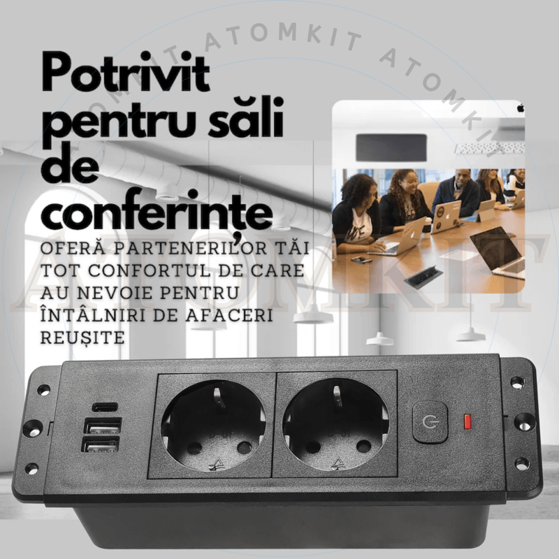 Casa si Gradina - Electrice - Prize - Priza incorporabila in blat, ATOMKIT® cu 2 Prize Schuko, 2 Porturi USB si 1 Port USB-C, Buton de Protectie ON/OFF, Cablu - Infinity.ro