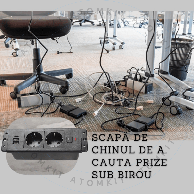 Casa si Gradina - Electrice - Prize - Priza incorporabila in blat, ATOMKIT® cu 2 Prize Schuko, 2 Porturi USB si 1 Port USB-C, Buton de Protectie ON/OFF, Cablu - Infinity.ro