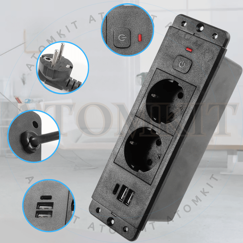 Casa si Gradina - Electrice - Prize - Priza incorporabila in blat, ATOMKIT® cu 2 Prize Schuko, 2 Porturi USB si 1 Port USB-C, Buton de Protectie ON/OFF, Cablu - Infinity.ro