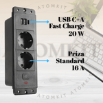 Casa si Gradina - Electrice - Prize - Priza incorporabila in blat, ATOMKIT® cu 2 Prize Schuko, 2 Porturi USB si 1 Port USB-C, Buton de Protectie ON/OFF, Cablu - Infinity.ro