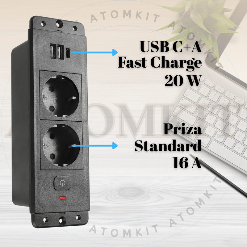 Casa si Gradina - Electrice - Prize - Priza incorporabila in blat, ATOMKIT® cu 2 Prize Schuko, 2 Porturi USB si 1 Port USB-C, Buton de Protectie ON/OFF, Cablu - Infinity.ro