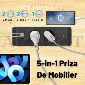 Priza incorporabila in blat, ATOMKIT® cu 2 Prize Schuko, 2 Porturi USB si 1 Port USB-C, Buton de Protectie ON/OFF, Cablu