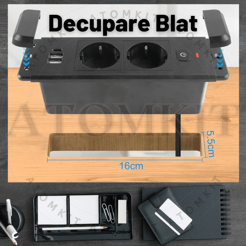 Casa si Gradina - Electrice - Prize - Priza incorporabila in blat, ATOMKIT® cu 2 Prize Schuko, 2 Porturi USB si 1 Port USB-C, Buton de Protectie ON/OFF, Cablu - Infinity.ro