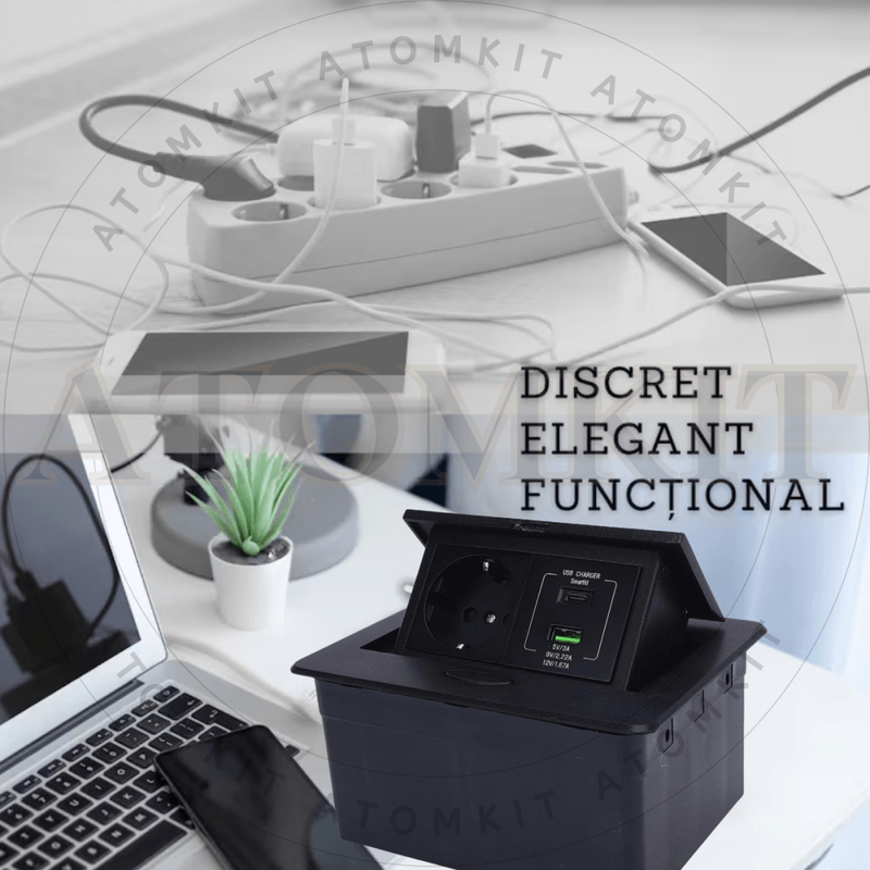 Casa si Gradina - Electrice - Prize - Priza Incastrabila Mobilier ATOMKIT® cu USB-C PD 20W si USB-A, 1 Priza Alimentare, Cablu Atasat, Negru - Infinity.ro