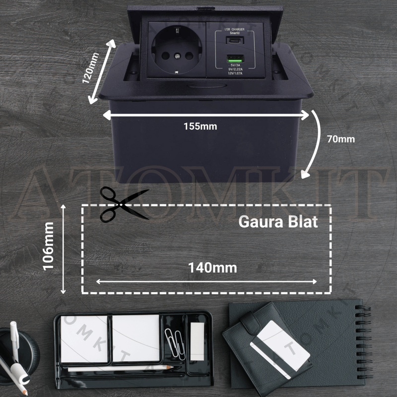 Casa si Gradina - Electrice - Prize - Priza Incastrabila Mobilier ATOMKIT® cu USB-C PD 20W si USB-A, 1 Priza Alimentare, Cablu Atasat, Negru - Infinity.ro