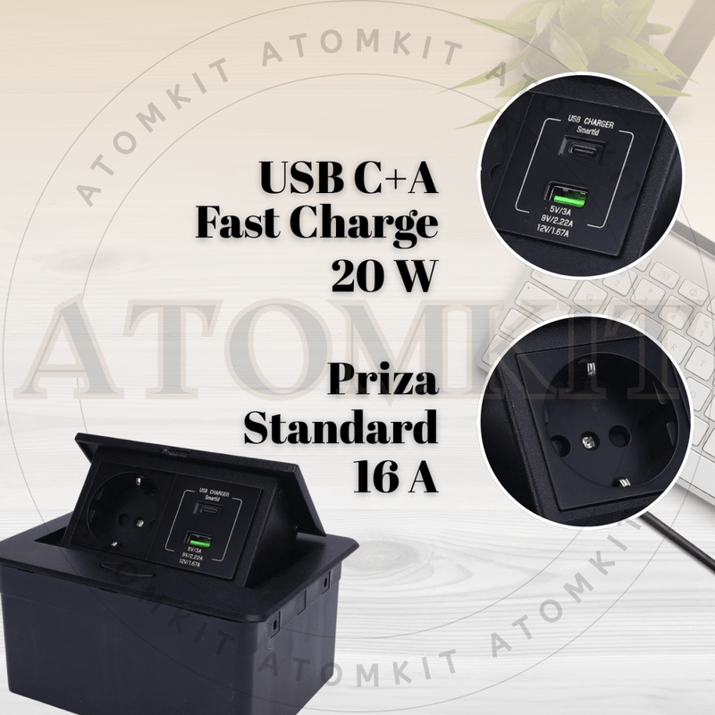 Casa si Gradina - Electrice - Prize - Priza Incastrabila Mobilier ATOMKIT® cu USB-C PD 20W si USB-A, 1 Priza Alimentare, Cablu Atasat, Negru - Infinity.ro