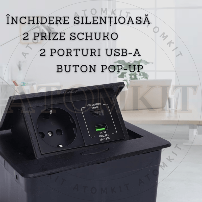 Casa si Gradina - Electrice - Prize - Priza Incastrabila Mobilier ATOMKIT® cu USB-C PD 20W si USB-A, 1 Priza Alimentare, Cablu Atasat, Negru - Infinity.ro