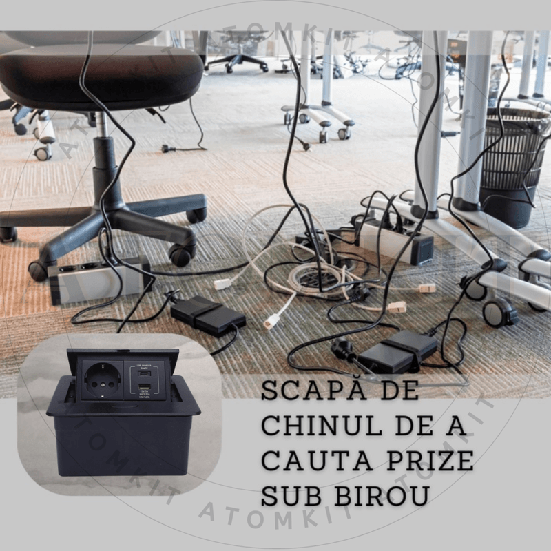 Casa si Gradina - Electrice - Prize - Priza Incastrabila Mobilier ATOMKIT® cu USB-C PD 20W si USB-A, 1 Priza Alimentare, Cablu Atasat, Negru - Infinity.ro