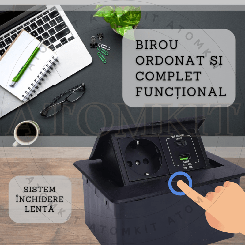 Casa si Gradina - Electrice - Prize - Priza Incastrabila Mobilier ATOMKIT® cu USB-C PD 20W si USB-A, 1 Priza Alimentare, Cablu Atasat, Negru - Infinity.ro