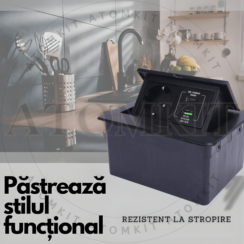 Casa si Gradina - Electrice - Prize - Priza Incastrabila Mobilier ATOMKIT® cu USB-C PD 20W si USB-A, 1 Priza Alimentare, Cablu Atasat, Negru - Infinity.ro