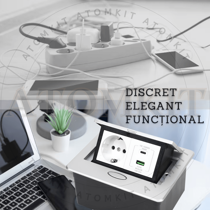 Casa si Gradina - Electrice - Prize - Priza Incastrabila Mobilier ATOMKIT® cu USB-C PD 20W si USB-A, 1 Priza Alimentare, Cablu Atasat, Gri - Infinity.ro