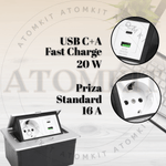 Casa si Gradina - Electrice - Prize - Priza Incastrabila Mobilier ATOMKIT® cu USB-C PD 20W si USB-A, 1 Priza Alimentare, Cablu Atasat, Gri - Infinity.ro