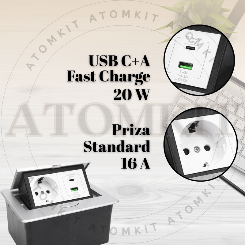 Casa si Gradina - Electrice - Prize - Priza Incastrabila Mobilier ATOMKIT® cu USB-C PD 20W si USB-A, 1 Priza Alimentare, Cablu Atasat, Gri - Infinity.ro