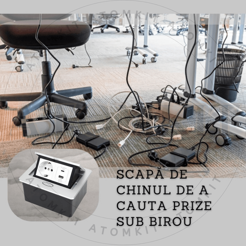 Casa si Gradina - Electrice - Prize - Priza Incastrabila Mobilier ATOMKIT® cu USB-C PD 20W si USB-A, 1 Priza Alimentare, Cablu Atasat, Gri - Infinity.ro