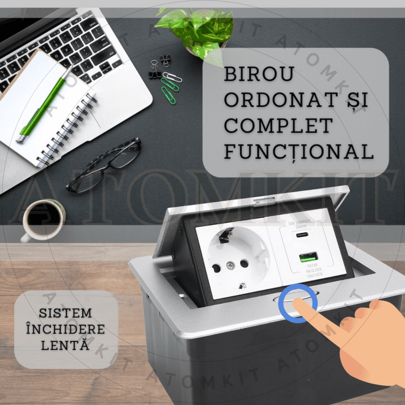 Casa si Gradina - Electrice - Prize - Priza Incastrabila Mobilier ATOMKIT® cu USB-C PD 20W si USB-A, 1 Priza Alimentare, Cablu Atasat, Gri - Infinity.ro