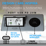 Casa si Gradina - Electrice - Prize - Priza Incorporabila in mobilier, ATOMKIT, 1 Prize Schuko, USB A+C 20W, Incarcare WIRELESS 15W, Cablu atasar, Argintiu - Infinity.ro