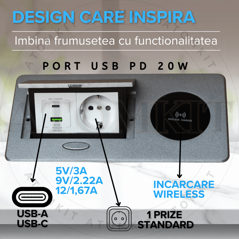 Casa si Gradina - Electrice - Prize - Priza Incorporabila in mobilier, ATOMKIT, 1 Prize Schuko, USB A+C 20W, Incarcare WIRELESS 15W, Cablu atasar, Argintiu - Infinity.ro