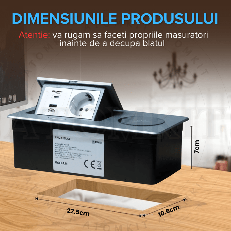 Casa si Gradina - Electrice - Prize - Priza Incorporabila in mobilier, ATOMKIT, 1 Prize Schuko, USB A+C 20W, Incarcare WIRELESS 15W, Cablu atasar, Argintiu - Infinity.ro