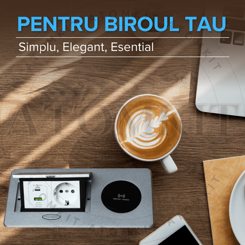 Casa si Gradina - Electrice - Prize - Priza Incorporabila in mobilier, ATOMKIT, 1 Prize Schuko, USB A+C 20W, Incarcare WIRELESS 15W, Cablu atasar, Argintiu - Infinity.ro