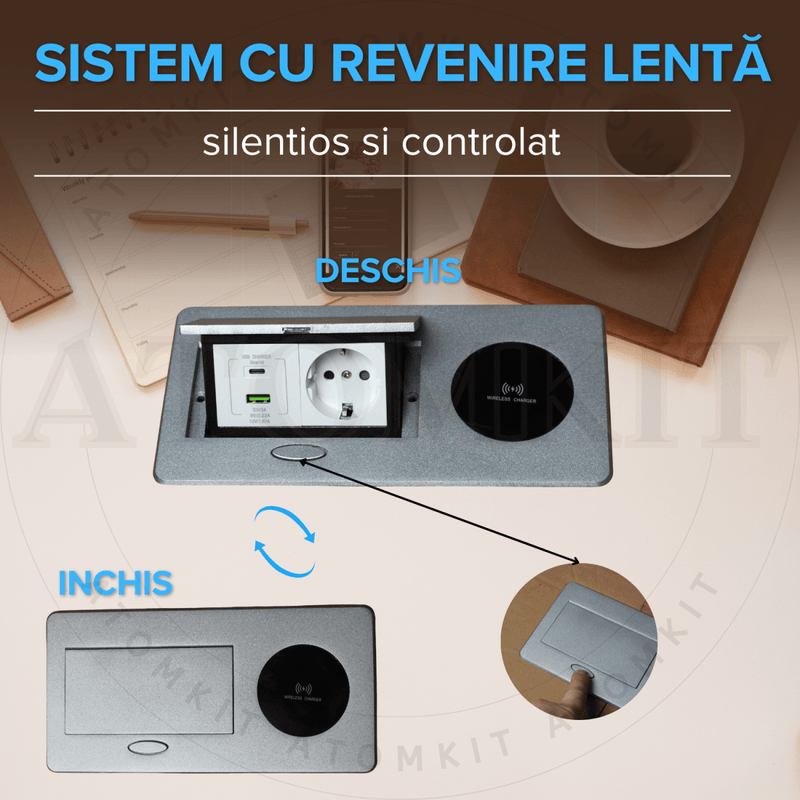 Casa si Gradina - Electrice - Prize - Priza Incorporabila in mobilier, ATOMKIT, 1 Prize Schuko, USB A+C 20W, Incarcare WIRELESS 15W, Cablu atasar, Argintiu - Infinity.ro